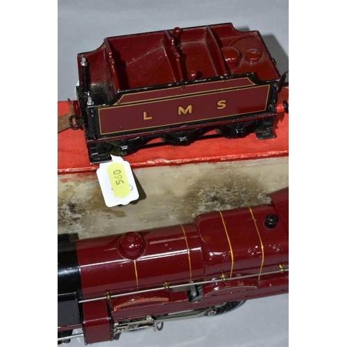 560 - A PART BOXED HORNBY RAILWAY 0 GAUGE ROYAL SCOT LOCOMOTIVE AND TENDER, No. 6100, L.M.S lined maroon l... 