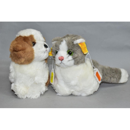 563 - TWO UNBOXED MODERN STEIFF SOFT TOYS, grey and white plush Cat, No. 2926/16 and brown and white Dog, ... 