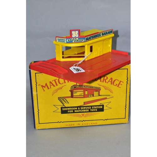 567 - A BOXED MATCHBOX GARAGE SHOWROOM AND SERIVCE STATION, No. MG1, red base and roof sign, yellow buildi... 