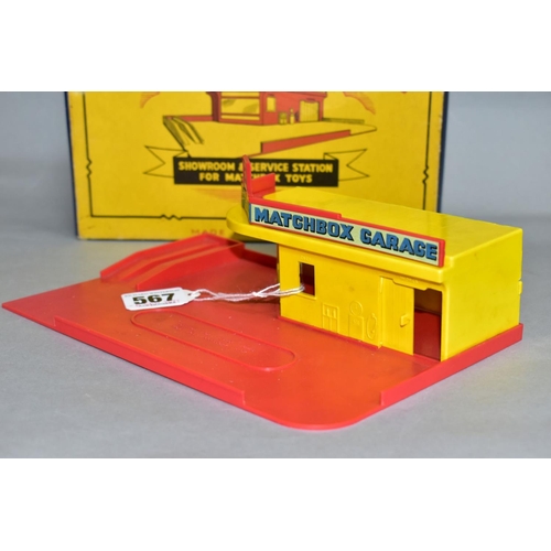 567 - A BOXED MATCHBOX GARAGE SHOWROOM AND SERIVCE STATION, No. MG1, red base and roof sign, yellow buildi... 