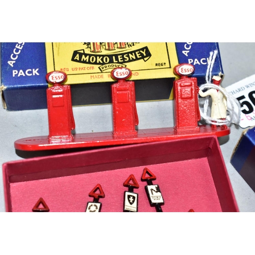 569 - TWO BOXED MOKO LESNEY MATCHBOX SERIES ACCESSORY PACKS, ESSO Petrol Pump Set, No.1 and Road Signs Set... 