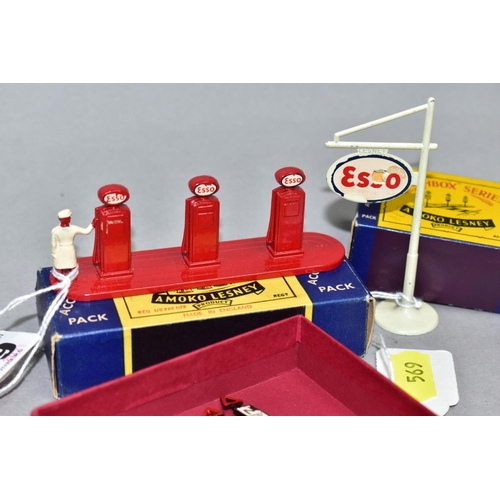 569 - TWO BOXED MOKO LESNEY MATCHBOX SERIES ACCESSORY PACKS, ESSO Petrol Pump Set, No.1 and Road Signs Set... 