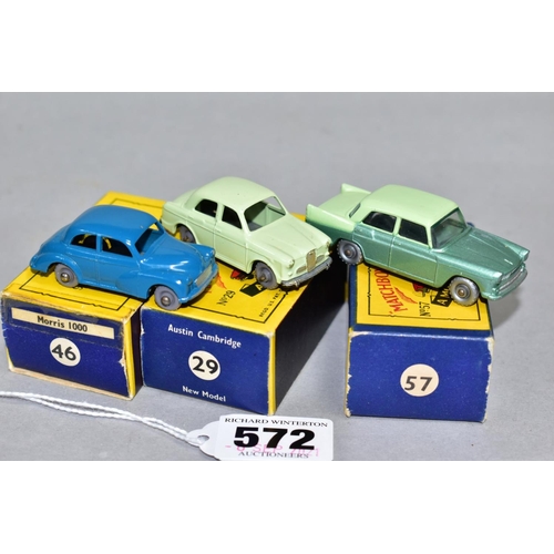 572 - THREE BOXED MATCHBOX 1-75 SERIES CARS, Austin A55 Cambridge, No.29, two tone green body, green tinte... 