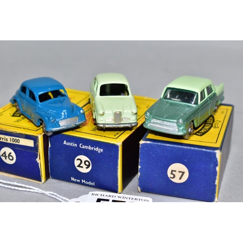 572 - THREE BOXED MATCHBOX 1-75 SERIES CARS, Austin A55 Cambridge, No.29, two tone green body, green tinte... 