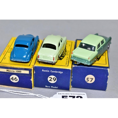 572 - THREE BOXED MATCHBOX 1-75 SERIES CARS, Austin A55 Cambridge, No.29, two tone green body, green tinte... 