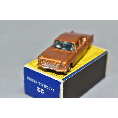 573 - A BOXED MATCHBOX 1-75 SERIES 1958 VAUXHALL CRESTA, No.22, metallic gold body, silver plastic wheels,... 