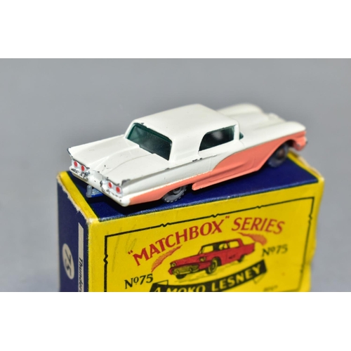 575 - A BOXED MATCHBOX 1-75 SERIES FORD THUNDERBIRD, No.75, cream body, peach side panels, blue base, silv... 