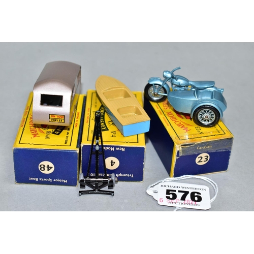 576 - THREE BOXED MATCHBOX 1-75 SERIES VEHICLES, Bluebird Dauphine Caravan, No.23, metallic mauve body and... 