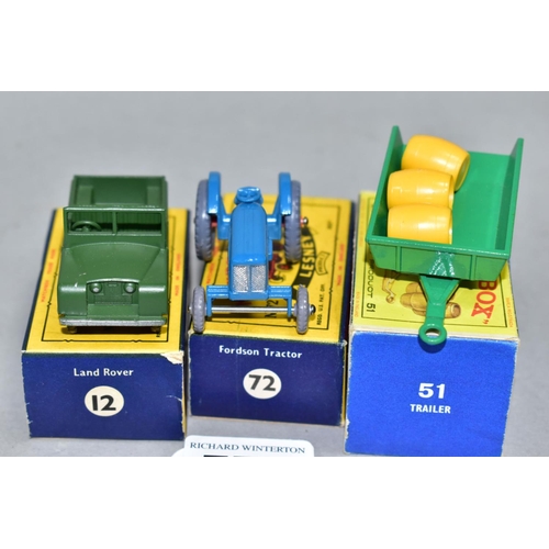 577 - THREE BOXED MATCHBOX 1-75 SERIES VEHICLES, Land Rover Series II, No.12, green body, rounded axles, F... 