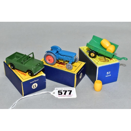 577 - THREE BOXED MATCHBOX 1-75 SERIES VEHICLES, Land Rover Series II, No.12, green body, rounded axles, F... 