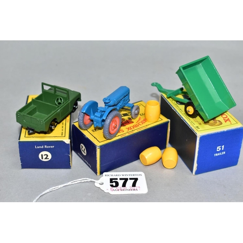 577 - THREE BOXED MATCHBOX 1-75 SERIES VEHICLES, Land Rover Series II, No.12, green body, rounded axles, F... 