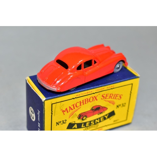 579 - A BOXED MATCHBOX 1-75 SERIES JAGUAR XK 140, No.32, bright orange red body, silver trim, knobbly grey... 