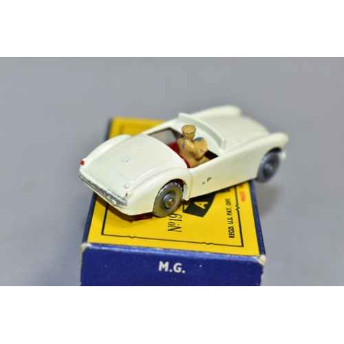 581 - A BOXED MATCHBOX 1-75 SERIES M.G. MGA SPORTS CAR, No.19, off white body, red interior, tan driver, s... 