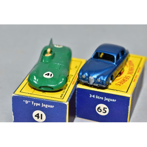 582 - TWO BOXED MATCHBOX 1-75 SERIES JAGUAR CARS, D Type, No.41, second type larger version, grey wheels, ... 