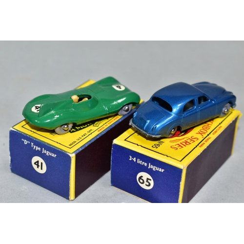 582 - TWO BOXED MATCHBOX 1-75 SERIES JAGUAR CARS, D Type, No.41, second type larger version, grey wheels, ... 