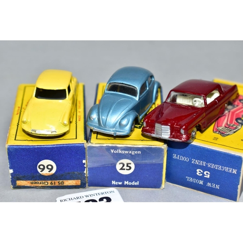 583 - THREE BOXED MATCHBOX 1-75 SERIES CARS, Volkswagen Beetle 1200, No.25, clear windows, grey plastic wh... 