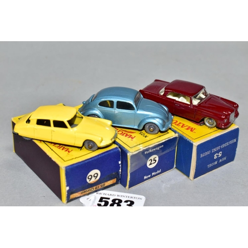 583 - THREE BOXED MATCHBOX 1-75 SERIES CARS, Volkswagen Beetle 1200, No.25, clear windows, grey plastic wh... 