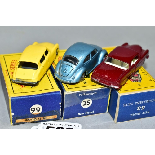 583 - THREE BOXED MATCHBOX 1-75 SERIES CARS, Volkswagen Beetle 1200, No.25, clear windows, grey plastic wh... 