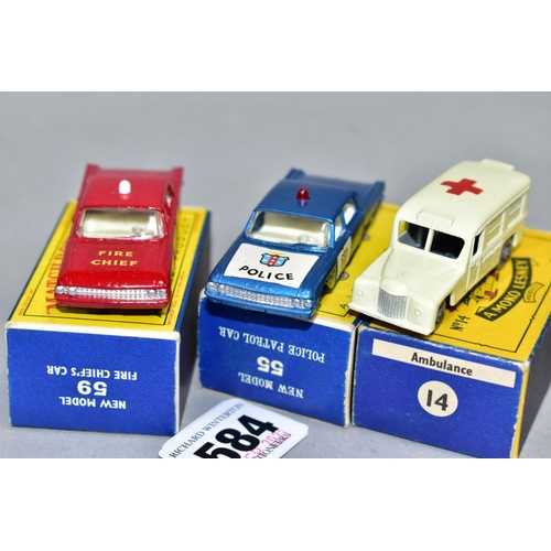 584 - THREE BOXED MATCHBOX 1-75 SERIES EMERGENCY VEHICLES, Daimler Ambulance, No.14, second type larger ve... 