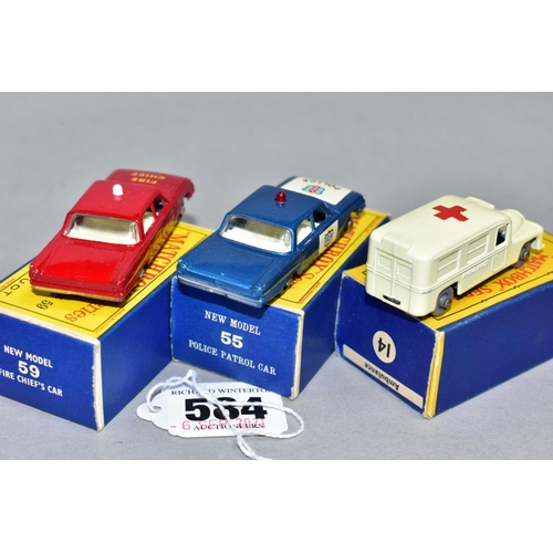 584 - THREE BOXED MATCHBOX 1-75 SERIES EMERGENCY VEHICLES, Daimler Ambulance, No.14, second type larger ve... 