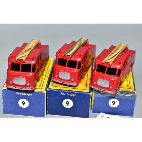 589 - THREE BOXED MATCHBOX 1-75 SERIES A.E.C. MERRYWEATHER MARQUIS FIRE ENGINES, No.9, all with tan ladder... 