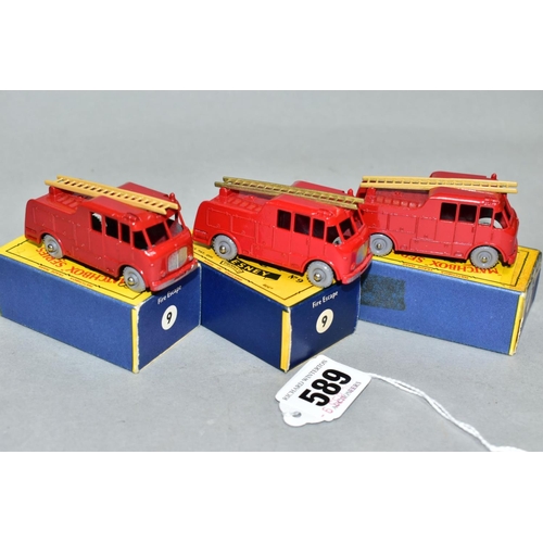 589 - THREE BOXED MATCHBOX 1-75 SERIES A.E.C. MERRYWEATHER MARQUIS FIRE ENGINES, No.9, all with tan ladder... 