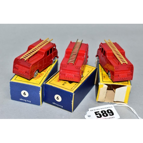 589 - THREE BOXED MATCHBOX 1-75 SERIES A.E.C. MERRYWEATHER MARQUIS FIRE ENGINES, No.9, all with tan ladder... 