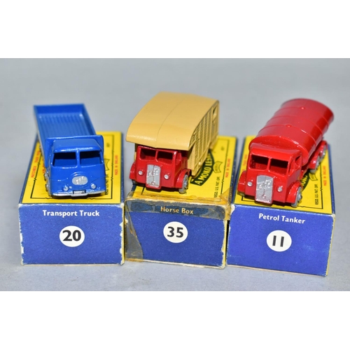 590 - THREE BOXED MATCHBOX 1-75 SERIES E.R.F. LORRIES, ESSO tanker, No.11, silver trim, grey plastic wheel... 