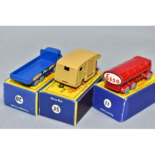 590 - THREE BOXED MATCHBOX 1-75 SERIES E.R.F. LORRIES, ESSO tanker, No.11, silver trim, grey plastic wheel... 