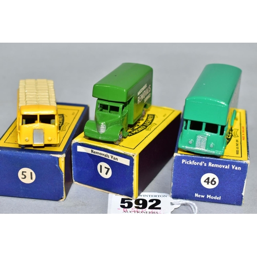 592 - THREE BOXED MATCHBOX 1-75 SERIES VEHICLES, Bedford Removals Van, No. 17, second type dark green deca... 