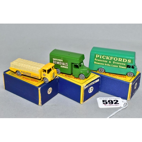 592 - THREE BOXED MATCHBOX 1-75 SERIES VEHICLES, Bedford Removals Van, No. 17, second type dark green deca... 