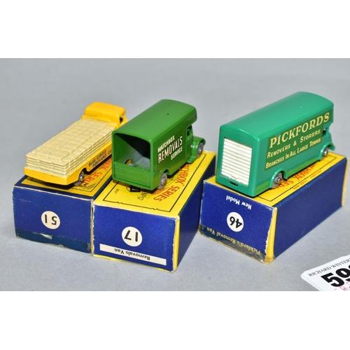 592 - THREE BOXED MATCHBOX 1-75 SERIES VEHICLES, Bedford Removals Van, No. 17, second type dark green deca... 