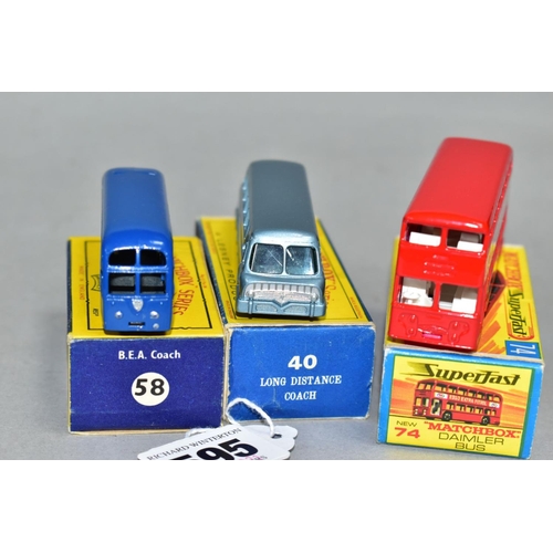 595 - THREE BOXED MATCHBOX 1-75 SERIES BUS AND COACH MODELS, Leyland Royal Tiger Coach, No. 40, silver pla... 