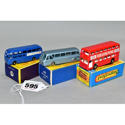 595 - THREE BOXED MATCHBOX 1-75 SERIES BUS AND COACH MODELS, Leyland Royal Tiger Coach, No. 40, silver pla... 