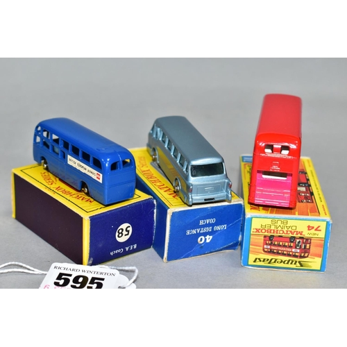 595 - THREE BOXED MATCHBOX 1-75 SERIES BUS AND COACH MODELS, Leyland Royal Tiger Coach, No. 40, silver pla... 