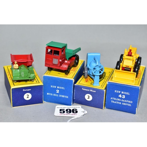 596 - FOUR BOXED MATCHBOX 1-75 MODELS, Muir-Hill Site Dumper, No.2, second type, tan driver, grey plastic ... 