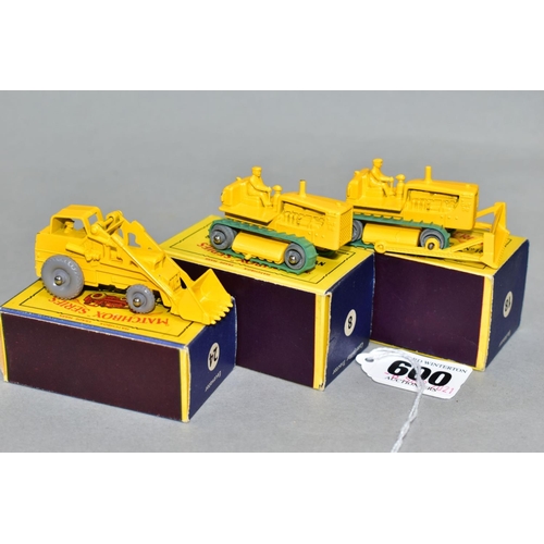 600 - THREE BOXED MATCHBOX 1-75 SERIES VEHICLES, Caterpillar Tractor, No.8, Caterpillar Bulldozer, No.18 a... 