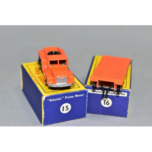 601 - A BOXED MATCHBOX 1-75 SERIES ROTINOFF SUPER ATLANTIC TRACTOR AND TRAILER, No. 15 and 16, orange body... 