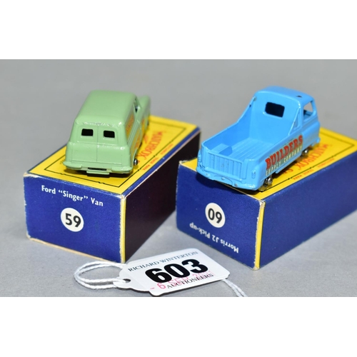 603 - TWO BOXED MATCHBOX 1-75 SERIES VEHICLES, Ford Thames Singer Van, No. 59,  grey plastic wheels and Mo... 