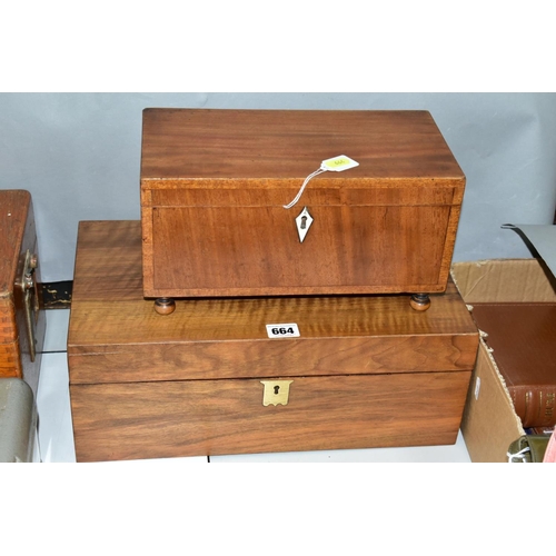 664 - A LATE GEORGIAN MAHOGANY RECTANGULAR BOX AND A VICTORIAN WALNUT WRITING SLOPE, the box with ivory lo... 