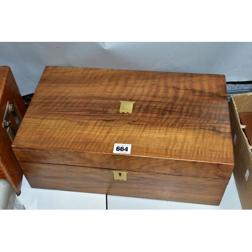 664 - A LATE GEORGIAN MAHOGANY RECTANGULAR BOX AND A VICTORIAN WALNUT WRITING SLOPE, the box with ivory lo... 