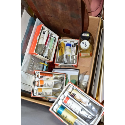 665 - TWO BOXES OF ARTISTS MATERIALS, including four boxes of Windsor & Newton oil paints, two wooden arti... 