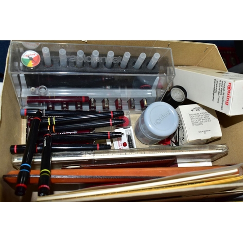 665 - TWO BOXES OF ARTISTS MATERIALS, including four boxes of Windsor & Newton oil paints, two wooden arti... 