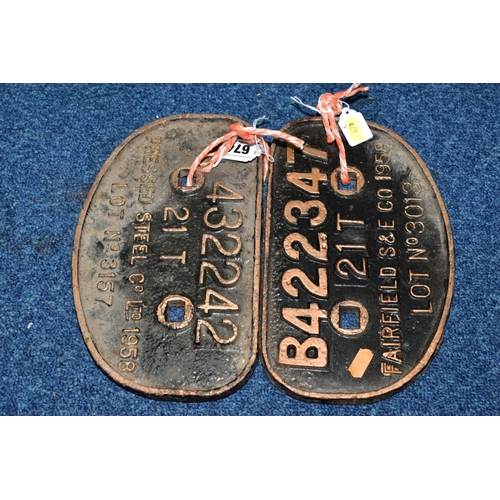 674 - TWO CAST IRON WAGON PLATES, B422347 'Fairfield S & E Co 1958' and B432242 'Pressed Steel Co 1958', h... 