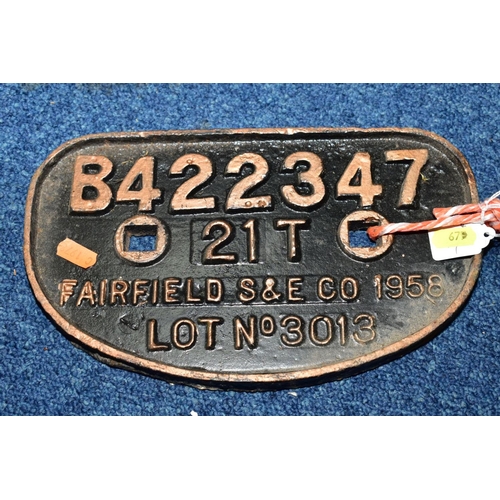 674 - TWO CAST IRON WAGON PLATES, B422347 'Fairfield S & E Co 1958' and B432242 'Pressed Steel Co 1958', h... 