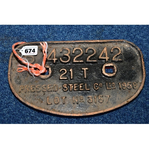 674 - TWO CAST IRON WAGON PLATES, B422347 'Fairfield S & E Co 1958' and B432242 'Pressed Steel Co 1958', h... 