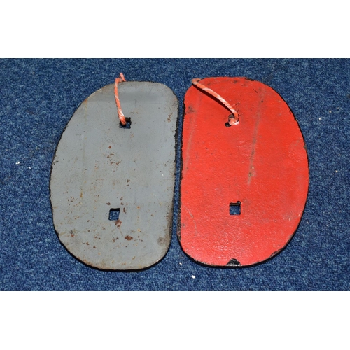 674 - TWO CAST IRON WAGON PLATES, B422347 'Fairfield S & E Co 1958' and B432242 'Pressed Steel Co 1958', h... 