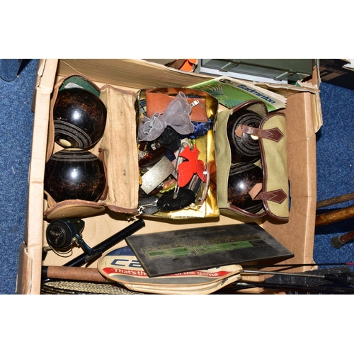 680 - A BOX AND LOOSE OF SPORTING EQUIPMENT, WALKING STICKS, etc including three badminton rackets and 'Kn... 