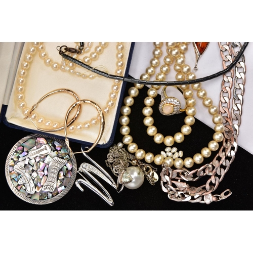 236 - A BAG OF ASSORTED JEWELLERY, to include a pair of gold-plated twist hoop earrings, a large white met... 