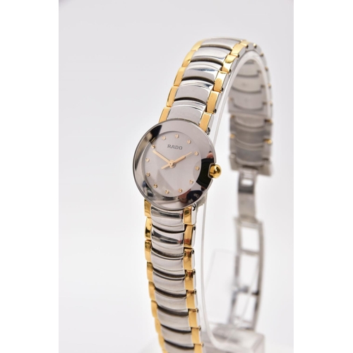 242 - A LADIES BOXED 'RADO' WRISTWATCH, round silver dial signed 'RADO', spot markers, gold tone hands, wi... 